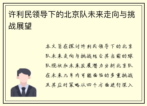 许利民领导下的北京队未来走向与挑战展望
