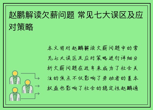 赵鹏解读欠薪问题 常见七大误区及应对策略