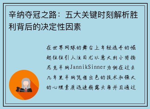 辛纳夺冠之路：五大关键时刻解析胜利背后的决定性因素