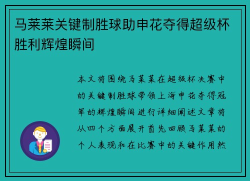马莱莱关键制胜球助申花夺得超级杯胜利辉煌瞬间